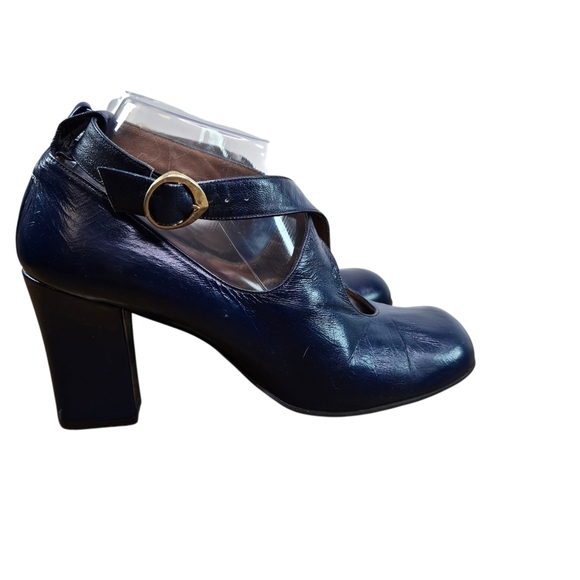 Vtg 60s Blue Leather Criss Cross Heels Mod Go Go - Picture 1 of 12